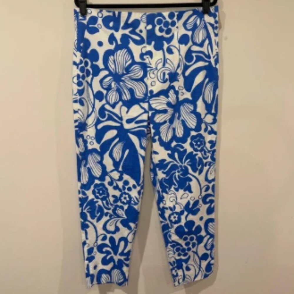 NWT ZARA Floral Print High Waist Slim Fit Pants Size 14 Blue White Tropical